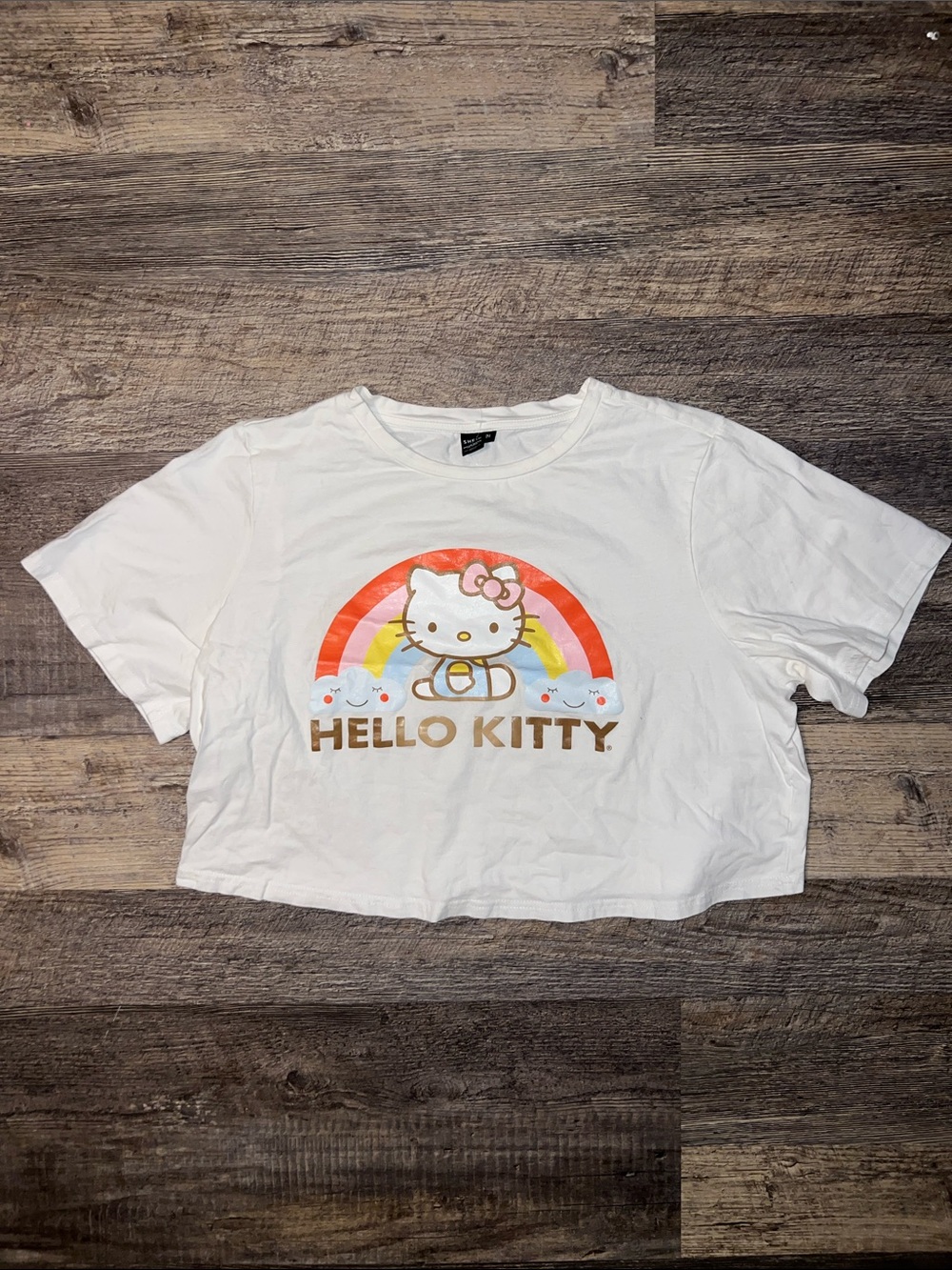 Hello Kitty White Crop Tee with Rainbow Graphic